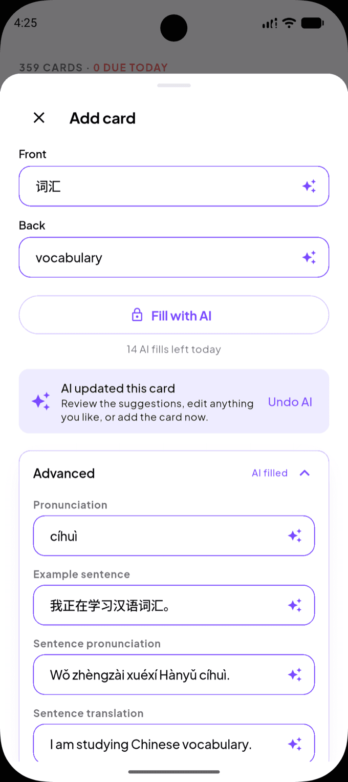 The Add card sheet with the pronunciation, an example sentence and its translation filled in automatically.