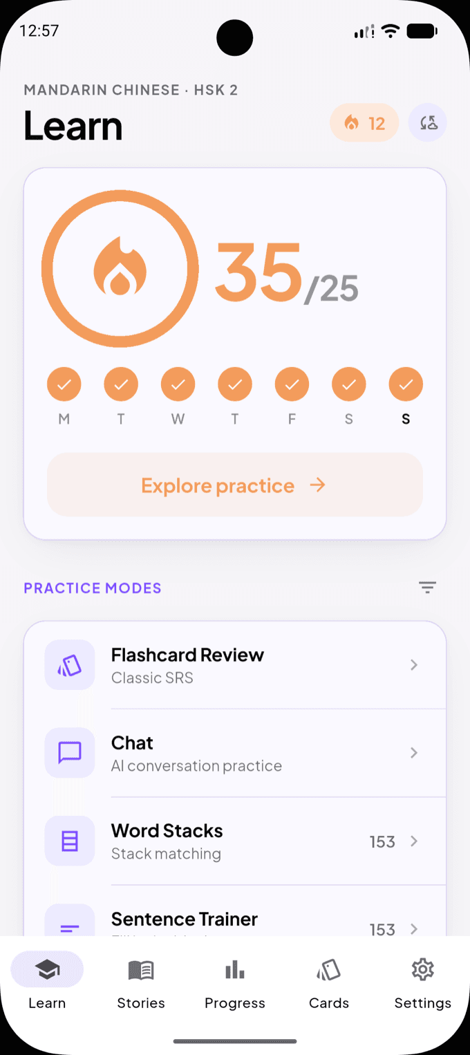 The Vokku Learn screen with a daily points ring, a full week of completed days, and a list of practice modes.